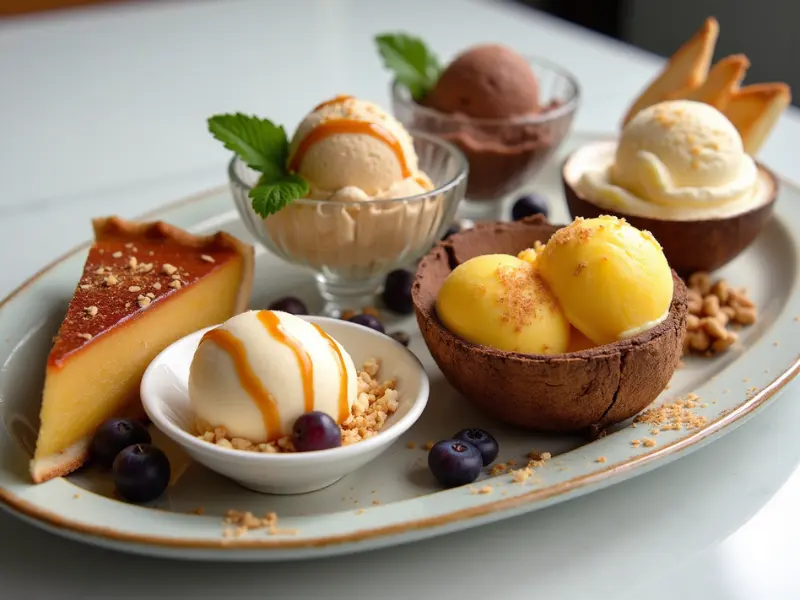 Verlockende Ninja Creami Desserts: Vanilleeis mit Apfelkuchen, Schokoladeneis mit Karamell, Erdbeer-Sorbet, Frozen Yogurt mit Honig und Mango-Kokos-Eis auf einer stilvollen Platte.