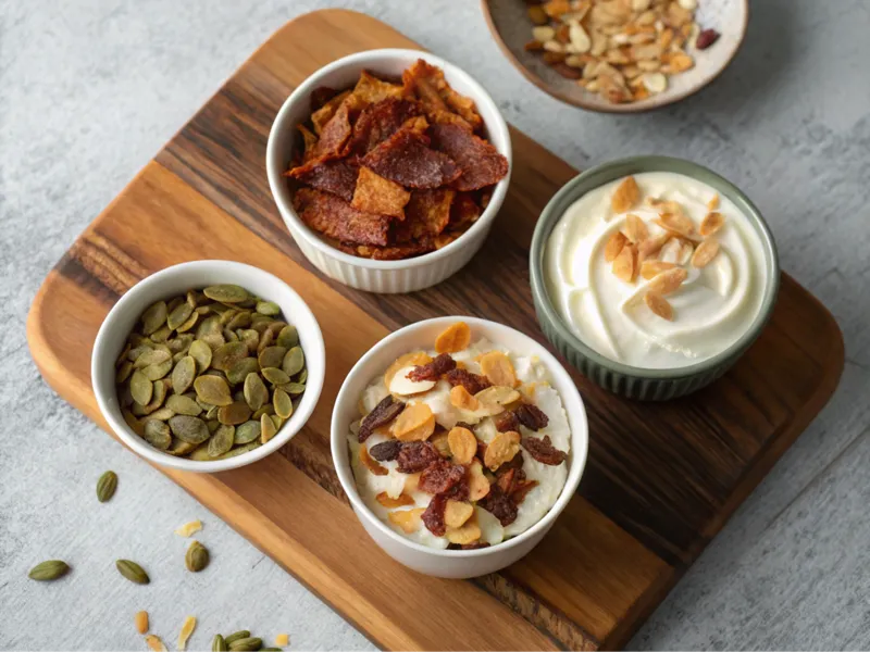 Schalen mit Toppings wie gerösteten Kürbiskernen, Kokoschips und Crème fraîche für die Suppe