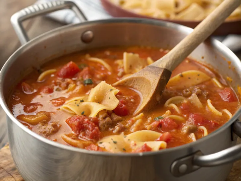 Ein Holzlöffel rührt in einem Topf mit cremiger Lasagnesuppe, um die perfekte Konsistenz zu erreichen