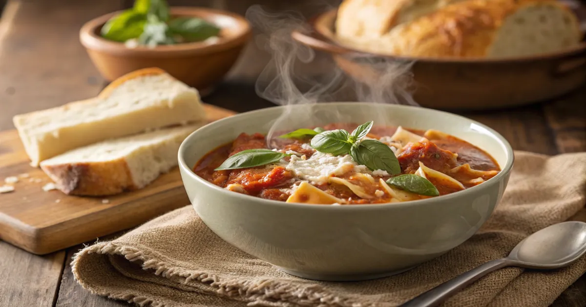 Eine heiße Schüssel Lasagnesuppe, garniert mit frischem Basilikum und Parmesan, serviert auf einem rustikalen Holztisch