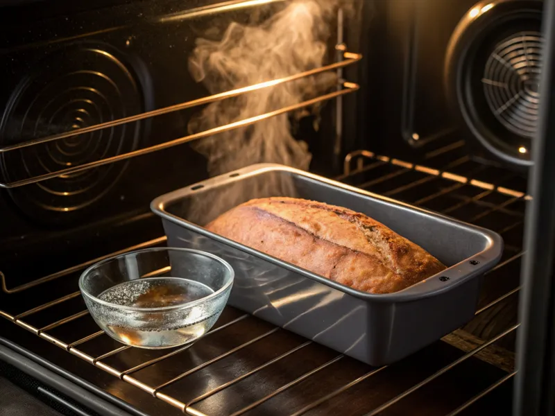 Leberkäse im Ofen mit einer Schale Wasser für die Wasserdampf-Methode