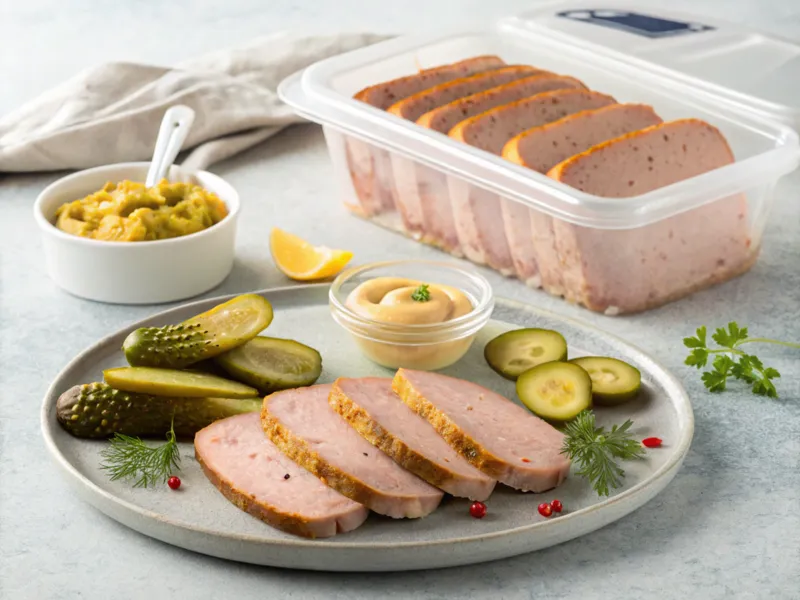 In Scheiben geschnittener Leberkäse in einer luftdichten Box und serviert auf einem Teller mit Senf und Gurken