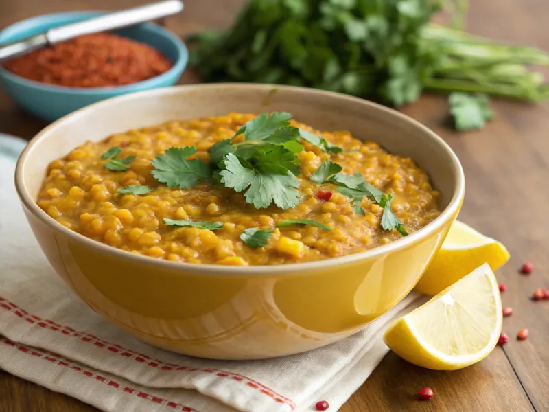 Cremiges Linsen-Dal mit roten Linsen, Kokosmilch und Curry, serviert mit frischen Kräutern.