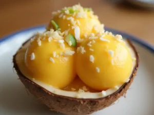 Leichtes Mango-Kokos-Eis, kombiniert mit gerösteten Kokosraspeln und einem Spritzer Limette – inspiriert von den Ninja Creami Rezepte.