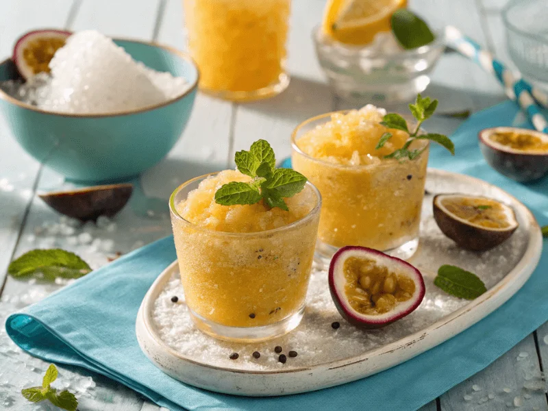 Erfrischende Maracuja-Granita, serviert in kleinen Gläsern, mit Minzblättern dekoriert – Rezepte Ninja Creami für den Sommer.