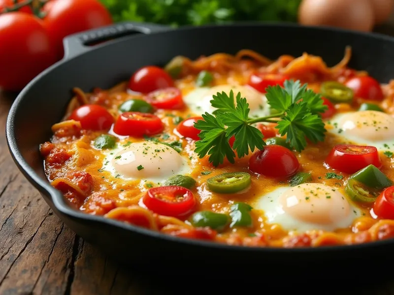 Pfanne mit türkischem Menemen aus Tomaten, Paprika und Eiern, garniert mit Petersilie.