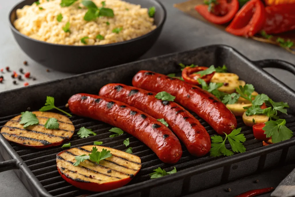 Würzige Merguez-Bratwurst auf dem Grill, serviert mit Couscous und Gemüse.