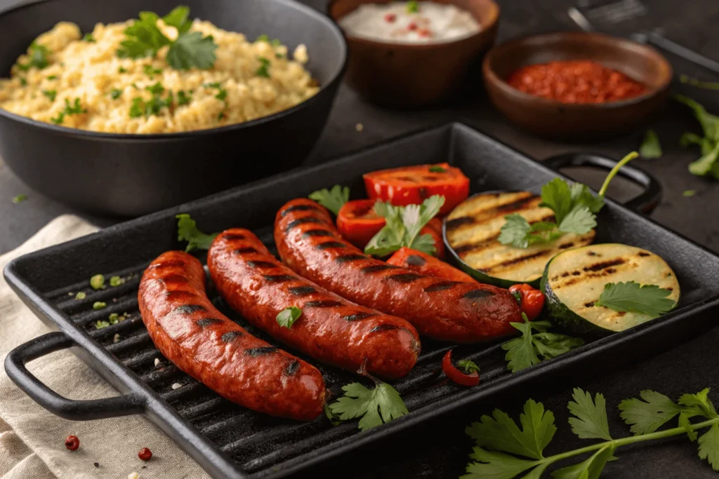 Merguez-Bratwurst auf einem Grill, umgeben von gegrillten Paprika und Tomaten, mit Harissa-Sauce im Vordergrund.