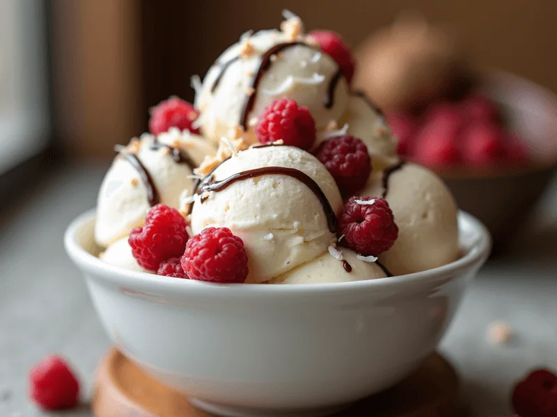 Veganes Eis aus der Ninja Creami, garniert mit frischer veganer Schokolade und bunten Früchten.