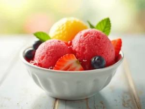 Frucht-Sorbet aus der Ninja Creami Eismaschine mit frischen Früchten und Minze.