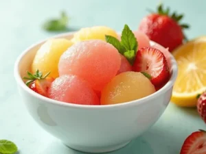 Frisches Frucht-Sorbet aus der Ninja Creami, dekoriert mit bunten Früchten und frischer Minze.