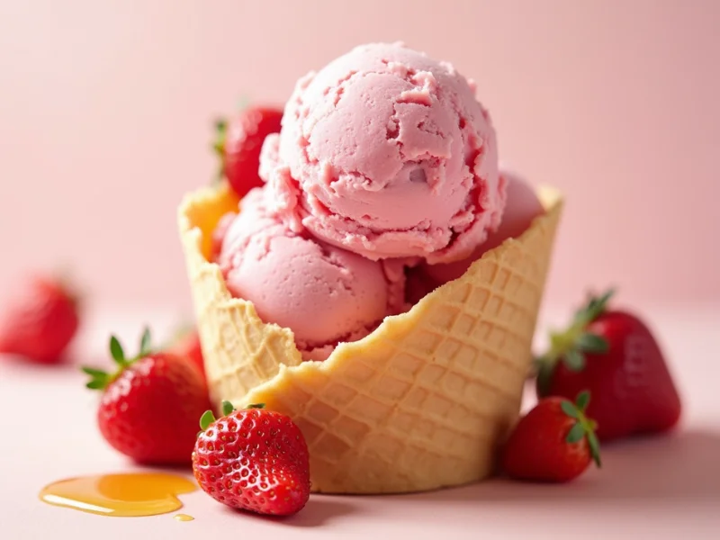 Zuckerfreie Erdbeer-Eiscreme in einer Waffel mit frischen Erdbeeren dekoriert.