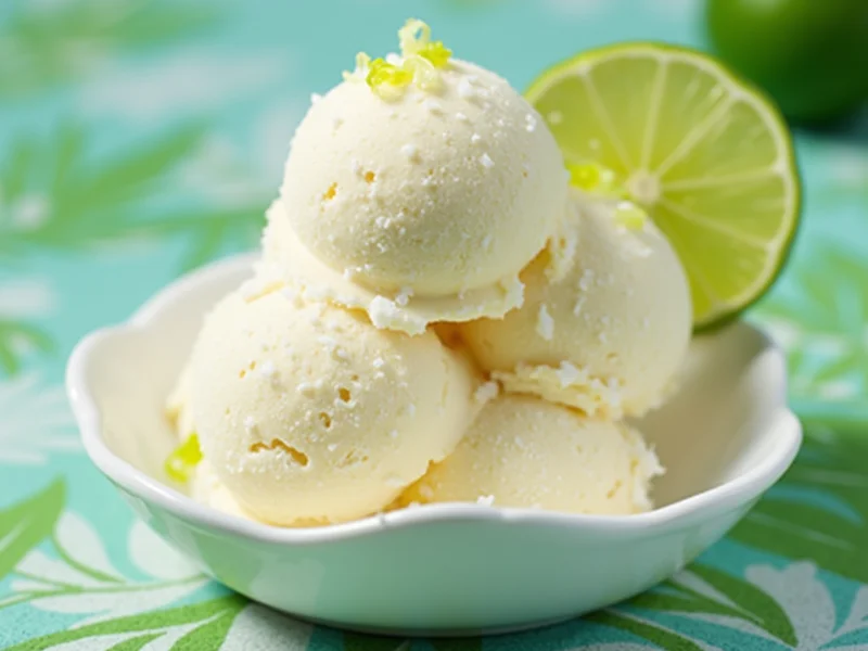 Veganes Kokos-Limetten-Eis mit Kokosraspeln und Limettenzesten garniert.