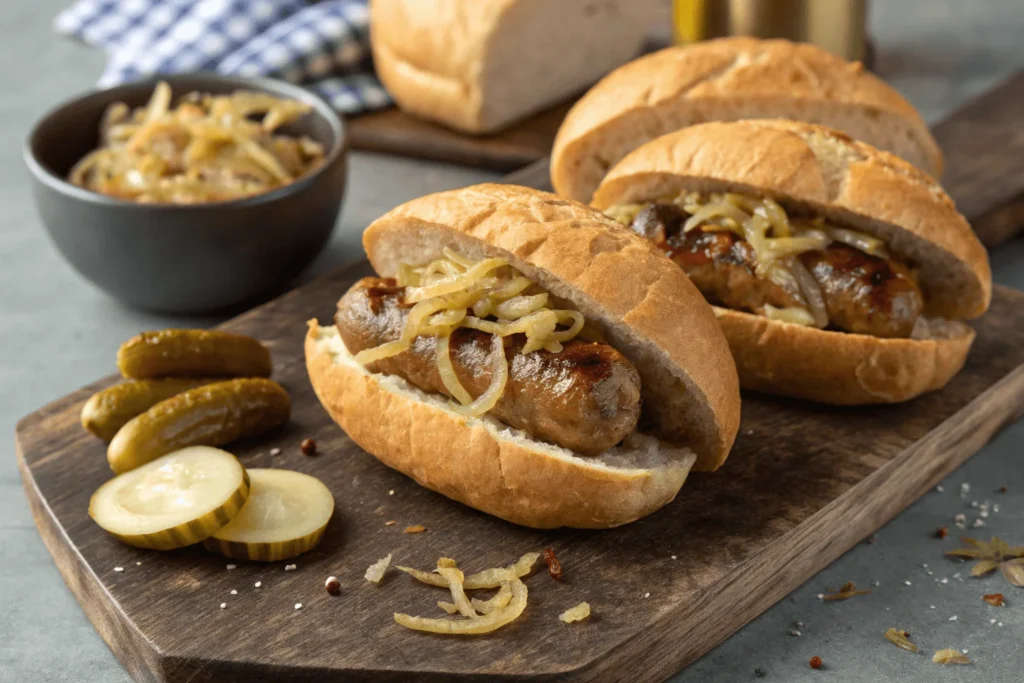 Nürnberger Bratwurst in einem Brötchen, serviert mit Senf und Gewürzgurken.