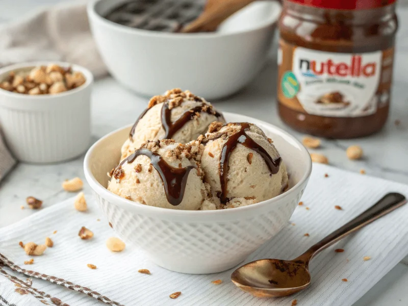 Nutella-Frischkäse-Eis serviert in einer Schale, dekoriert mit Nutella und gehackten Haselnüssen – Rezepte Ninja Creami.