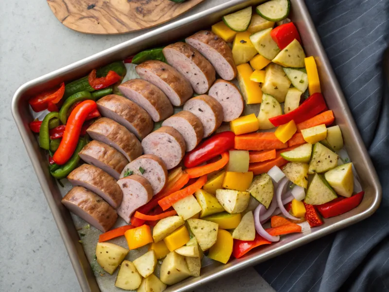 One-Pan Bratwurst mit Kartoffelwürfeln und buntem Gemüse in einer Ofenform