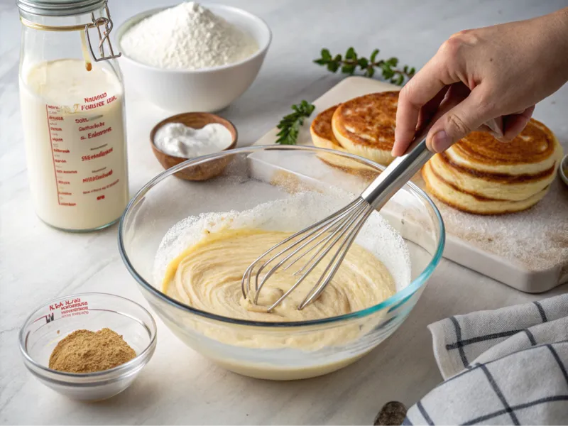 Veganer Pancake-Teig in einer Schüssel, mit Zutaten wie Mehl und Pflanzenmilch daneben