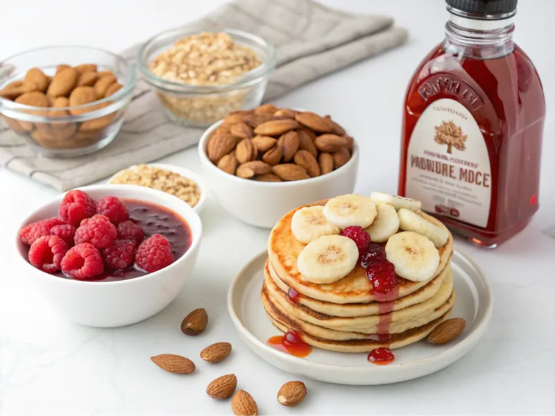 Toppings für Pancakes wie Fruchtsoßen, Nüsse, Ahornsirup und Bananenscheiben.