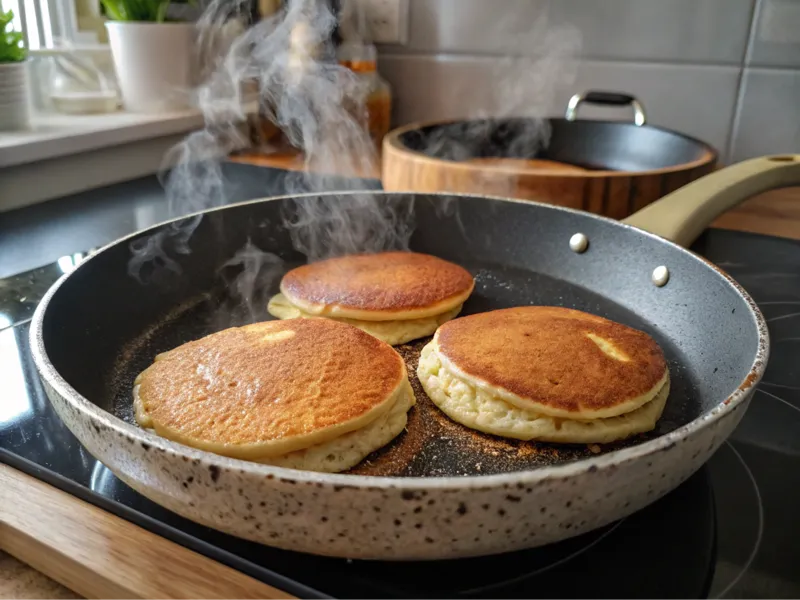 Drei vegane Pancakes werden in einer beschichteten Pfanne gebacken