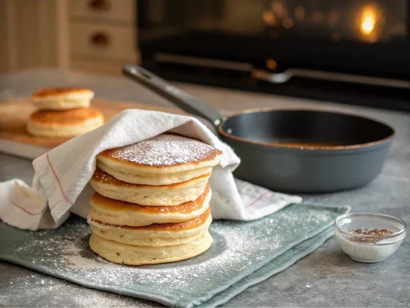 Gestapelte Pancakes, abgedeckt mit einem Tuch, auf einem Teller in der Küche.