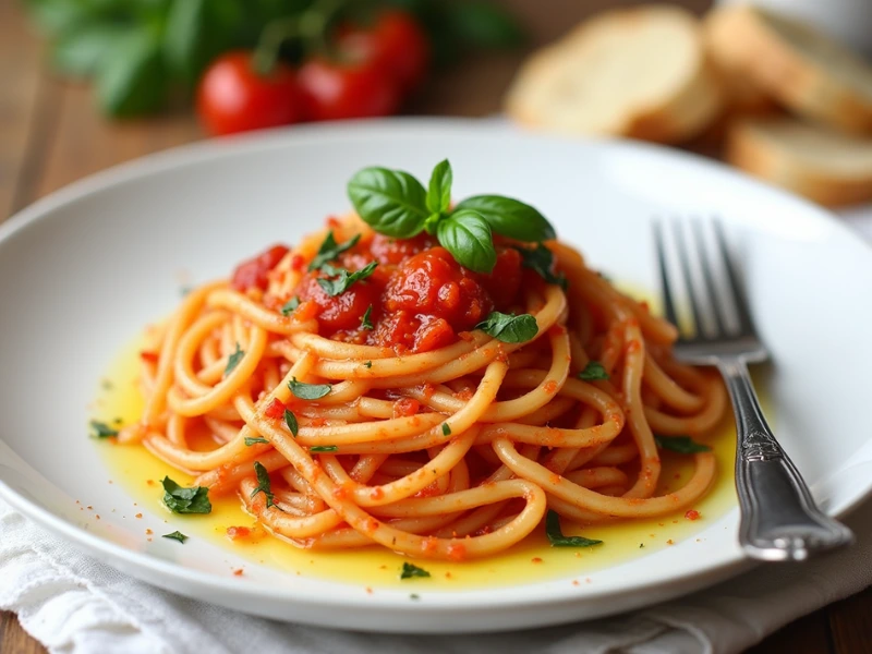 Schnelles veganes Gericht: Pasta mit Tomatensauce, frischem Basilikum und Brot.