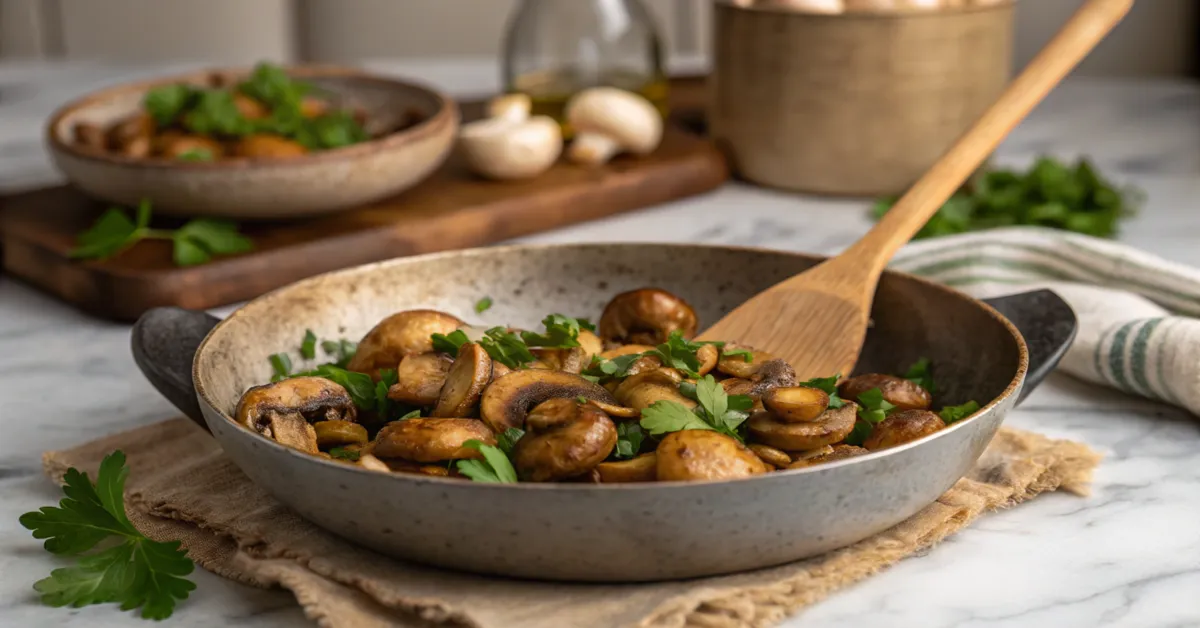 Perfekte Pilzpfanne mit goldbraun gebratenen Champignons und frischer Petersilie in einer rustikalen Pfanne