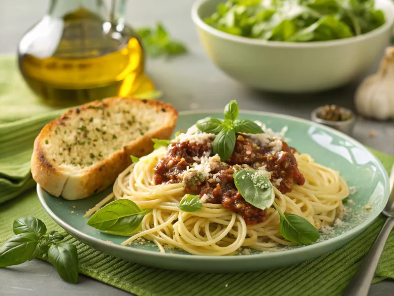 Spaghetti Bolognese, serviert mit frischem Basilikum, Parmesan, Salat und Knoblauchbrot – das ideale italienische Abendessen.