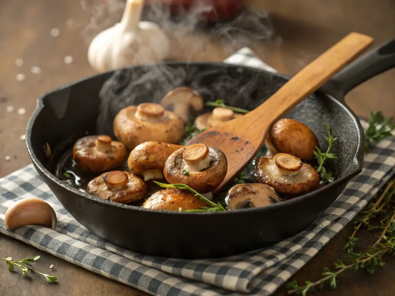 Pilze werden in einer heißen Gusseisenpfanne goldbraun angebraten, mit Knoblauch und frischen Kräutern