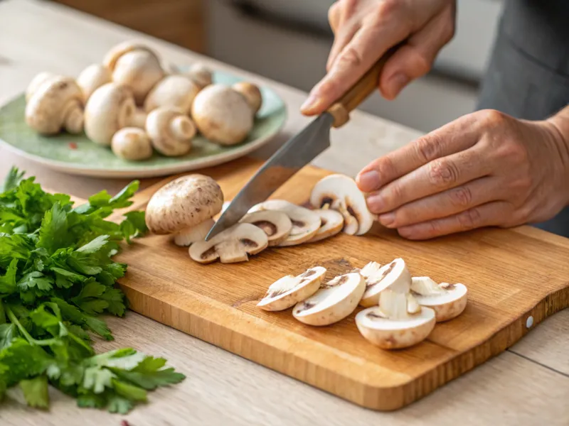 Reinigung der Pilze mit einer weichen Bürste und Schneiden von Champignons auf einem Holzbrett