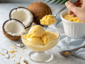 Ein frisch serviertes Piña Colada Sorbet, direkt aus dem Ninja Creami Deluxe Behälter, garniert mit Kokosflocken und Ananasstücken.