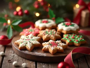 Weihnachtsplätzchen auf einem Backblech, das in den Ofen geschoben wird, um goldbraune Kekse zu backen