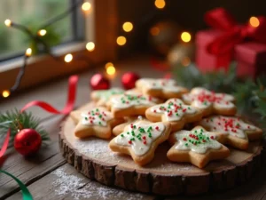 Ausstechformen für Plätzchen, mit Teig ausgestochen in festliche Formen wie Sterne, Tannenbäume und Herzen