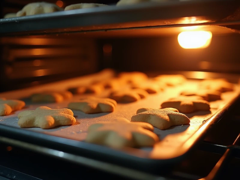 Backblech mit Weihnachtsplätzchen im Ofen, ein Schritt im Plätzchen Rezept, goldbraun und fertig zum Backen