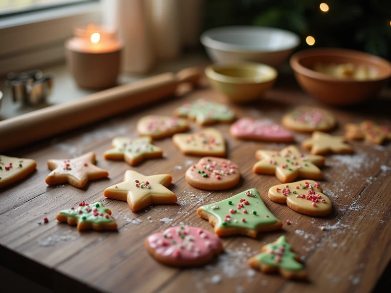 Rustikales Holzbrett mit dekorierten Weihnachtsplätzchen, Weihnachtsgebäck Rezept für festliche Feierlichkeiten