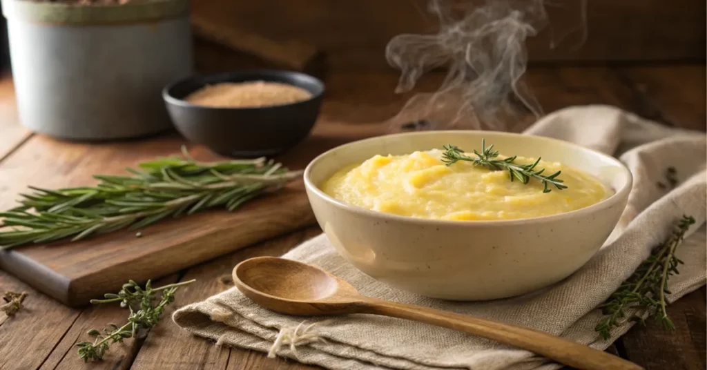 Eine dampfende Schüssel cremiger Polenta, serviert in einer rustikalen italienischen Küche