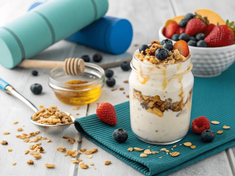 Cremiger Protein-Vanille-Frozen-Yoghurt, serviert in einem Glas, mit Granola und Früchten dekoriert – perfektes Fitness-Dessert aus dem Ninja Creami.