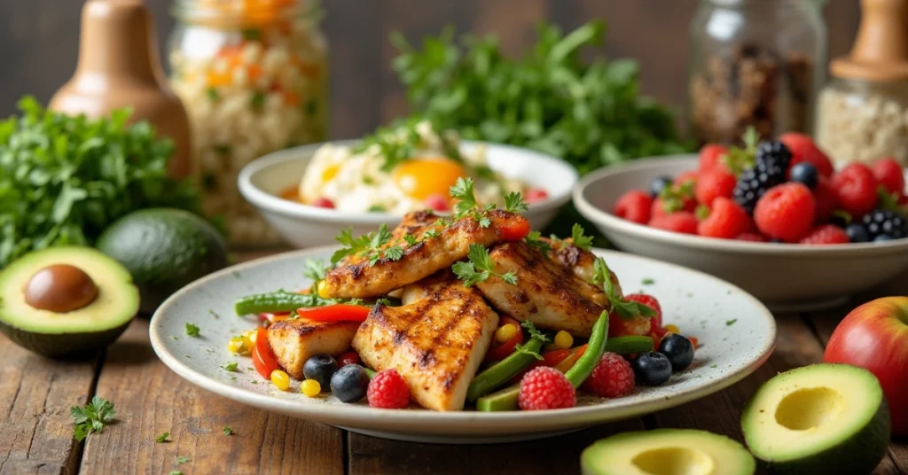 Eine Auswahl an proteinreichen Gerichten, darunter Hähnchen-Quinoa-Bowl, Tofu-Stir-Fry, griechisches Joghurt-Parfait mit Beeren und Zucchini-Nudeln, präsentiert auf einem rustikalen Holztisch mit frischen Zutaten wie Avocado, Linsen und Eiern.