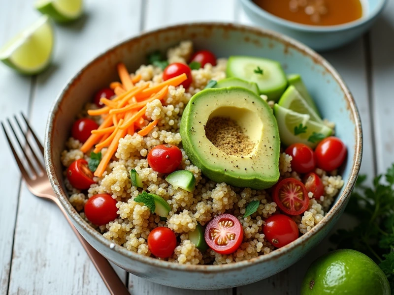 Quinoa-Salat mit Avocado, frischem Gemüse und Limettensaft, serviert in einer rustikalen Schale mit Kräutergarnitur.