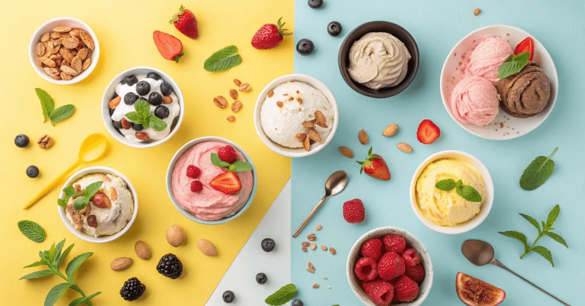 Collage mit 10 köstlichen Eis-Rezepten aus dem Ninja Creami, einschließlich Nutella-Frischkäse-Eis, Spekulatius-Zimt-Eis, veganem Schokoladen-Kokos-Eis, Protein-Frozen-Yoghurt und Champagner-Sorbet.