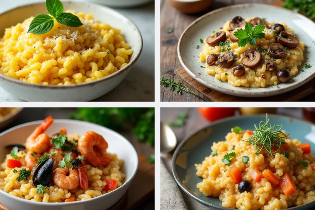 Collage von vier köstlichen Risotto-Gerichten: Risotto Milanese mit Safran, cremiges Pilzrisotto (Risotto mit Pilzen), Meeresfrüchte-Risotto (Risotto mit Meeresfrüchten) und buntes vegetarisches Risotto (Vegetarisches Risotto), präsentiert in einem quadratischen Layout mit rustikalem Stil.