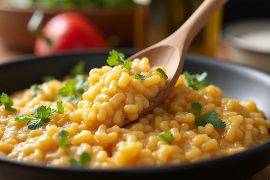 Risotto servieren mit frischen Kräutern und Parmesan – Italienische Risotto Präsentation.