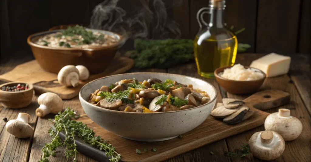 Pilzpfanne Rezept: Herbstliche Pilzpfanne mit frischen Kräutern und Champignons.