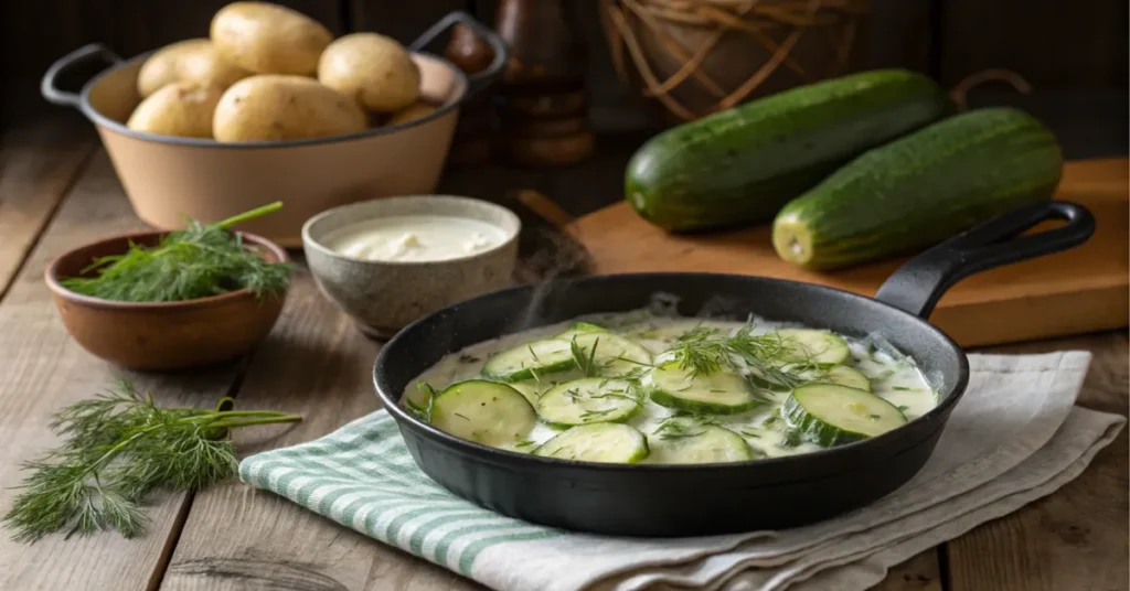 Rustikal servierte Schmorgurken in cremiger Soße nach Schmorgurken Rezept von Oma, mit Salzkartoffeln und frischem Dill garniert.