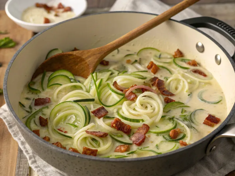 Schmorgurkenstreifen, Zwiebeln und Speck köcheln in einer Pfanne, überzogen mit cremiger Brühe