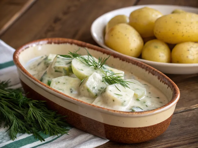 Servierte Schmorgurken in einer tiefen Schale, garniert mit Dill, daneben Salzkartoffeln.