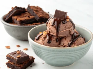 Schokoladen-Brownie-Eis, serviert in einer Schale, mit saftigen Brownie-Stückchen und einem Topping aus Schokoladensauce, hergestellt mit der Ninja Creami Deluxe.