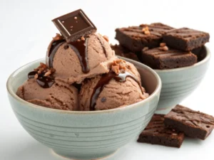 Dekadentes Schokoladen-Brownie-Eis mit sichtbaren Brownie-Stücken, serviert in einer eleganten Schale