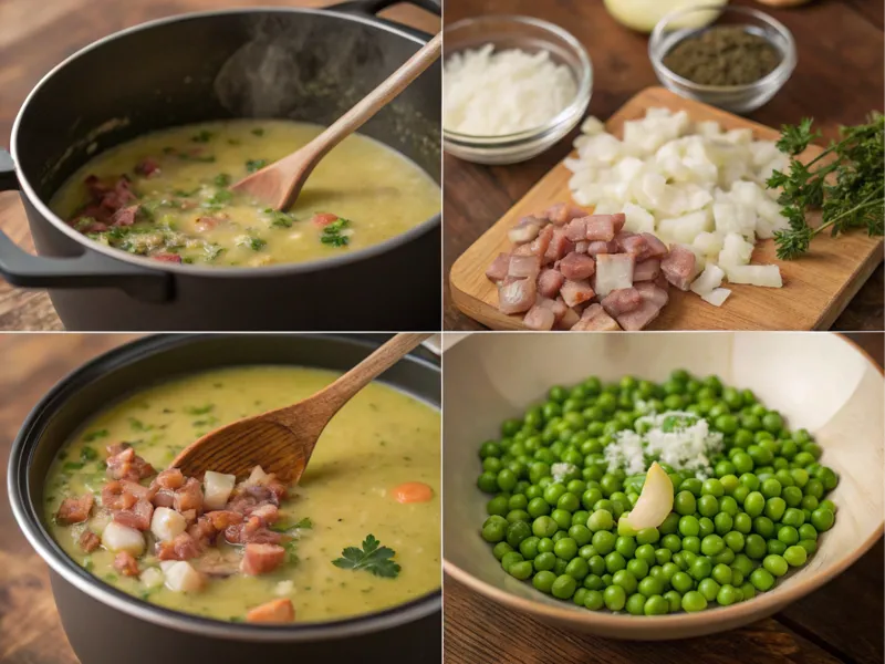 Collage mit den Kochschritten für Erbsensuppe: Zwiebeln und Speck anbraten, Gemüse und Erbsen hinzufügen, Suppe köcheln lassen und fertige Suppe servieren.