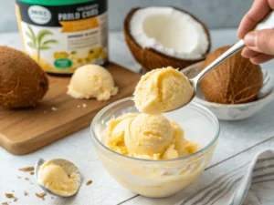 Ein frisch hergestelltes Piña Colada Sorbet wird aus dem Ninja Creami Deluxe Behälter serviert