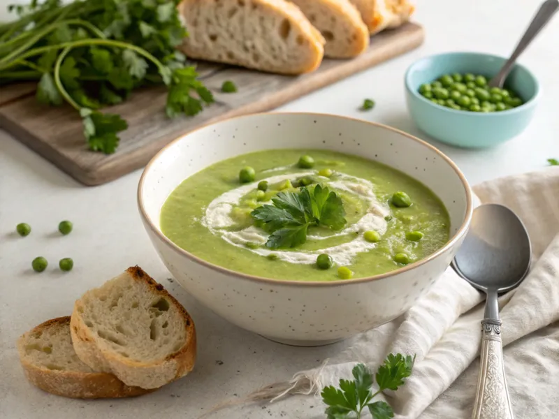 Schüssel mit cremiger deutscher Erbsensuppe, garniert mit Petersilie und serviert mit Brotscheiben